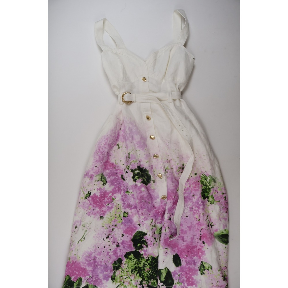 Aje Eartha Midi Dress White Pink Hydrangea Floral 16 Linen NWT $599